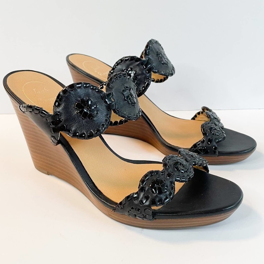 Jack Roger Black Luccia Leather Wedge Heel Sandals Size 9